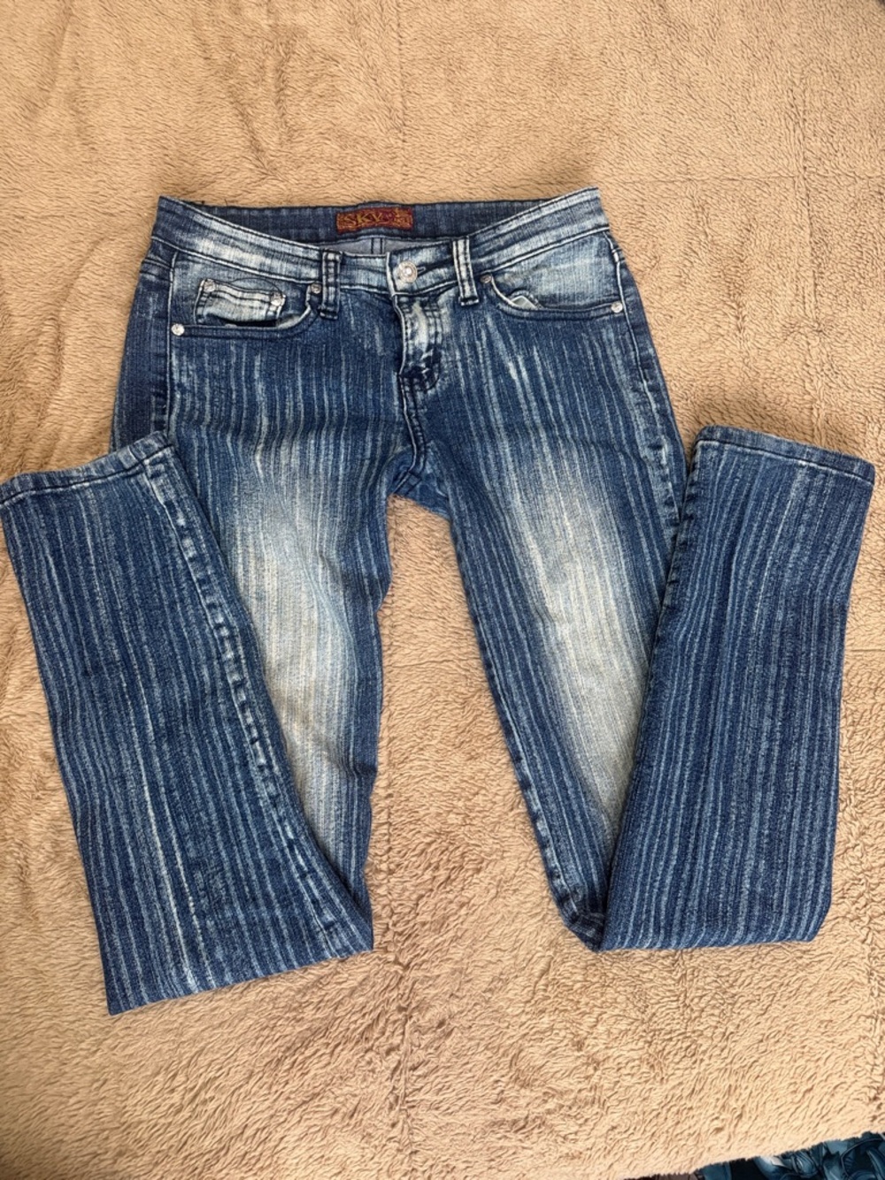 Sky Vertical-Striped Faded Blue Straight Leg Jeans